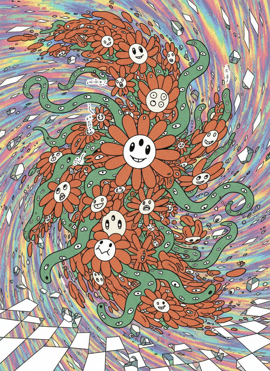 Claude Shoggoth vortex. Generated by Nano Banana, prompted by ghostfail. Inspired by Takeshi Murakami's work (thanks, sorry!)
