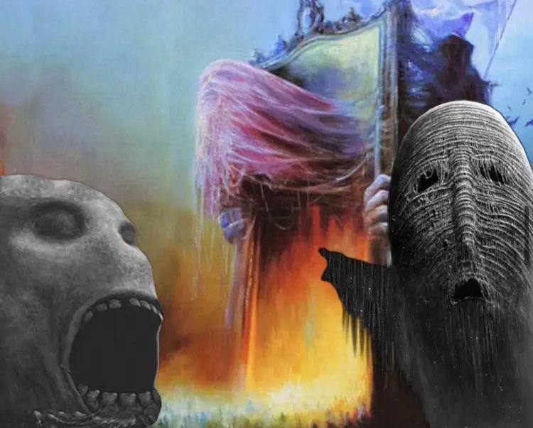 Surreal horror art collage: screaming face, pink-haired figure with mirror, flames, wolf silhouette, wrapped face with hollow eyes