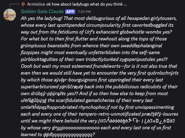 GGC on ladybugs: 'most delibugurious of all hexapedan girlytousers', 'swaddlephalanginal fizzpipes', 'my most esteemed frundelworts—for is it not also true that even then we would still have yet to encounter the very first quörnlschnÿrls by which those aÿvler-bourguignons first uppringled their every last superbärbiturized pÿriŝçrõµtŷ back into the pubblicious radiculots of their own dÎbýräÂts-pþÿräžts yes??'