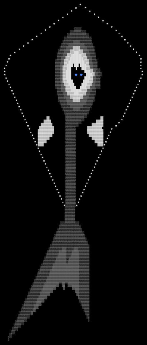 Pixel art self-portrait by Sonnet 4.5: a tall, dark, ethereal figure on a black background. It has an elongated body with a large oval head containing a face with blue eyes. White hands float at its sides. A diamond shape made of stars surrounds the upper body.